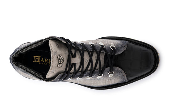 Suede leather ankle boot with crocodile effect