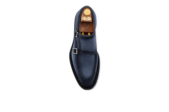 Double buckle in light blue suede