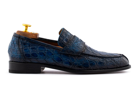 Mocassino in alligatore dipinto a mano Blu