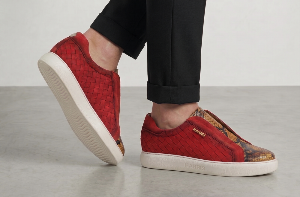 Zapatillas slipon de piel tejida y pitón