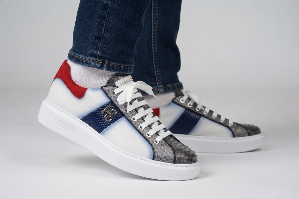 Baskets en cuir souple et python Bleu