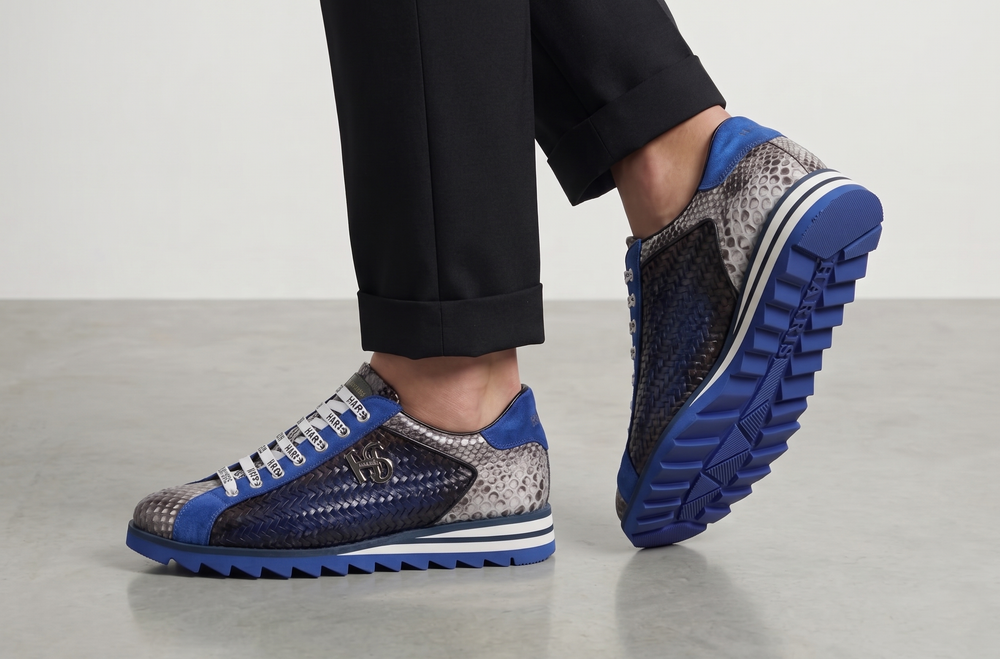 Sneaker in pelle intrecciata e pitone