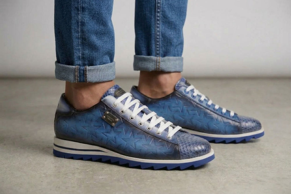 Printed leather and python sneakers