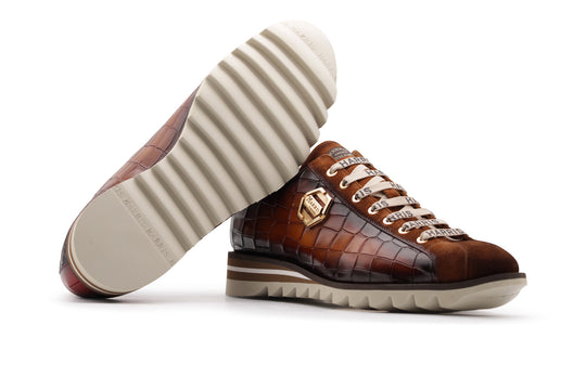 Sneakers in pelle effetto coccodrillo e suede