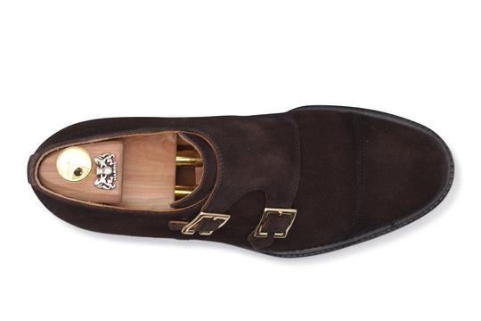 Doppia fibbia in suede testa di moro sfumata a mano