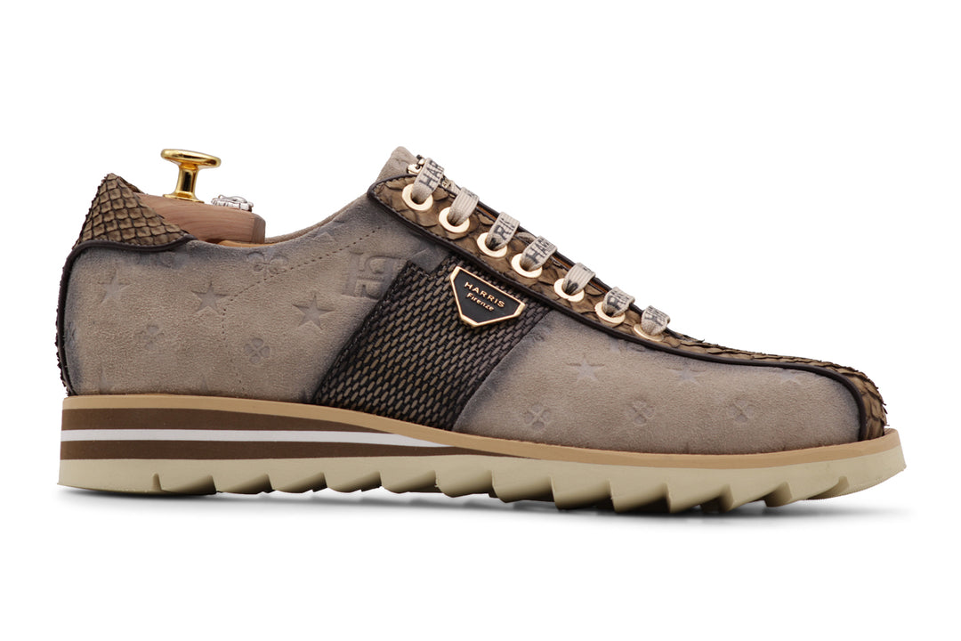 Sneakers in suede stampato e dettagli in pitone